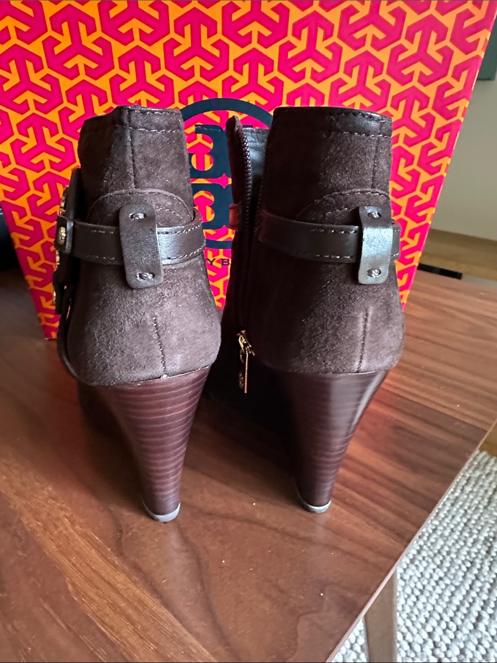 Tory Burch Dark Brown Suede Wedge Ankle Booties with Logo Medallion - Picture 3 of 3